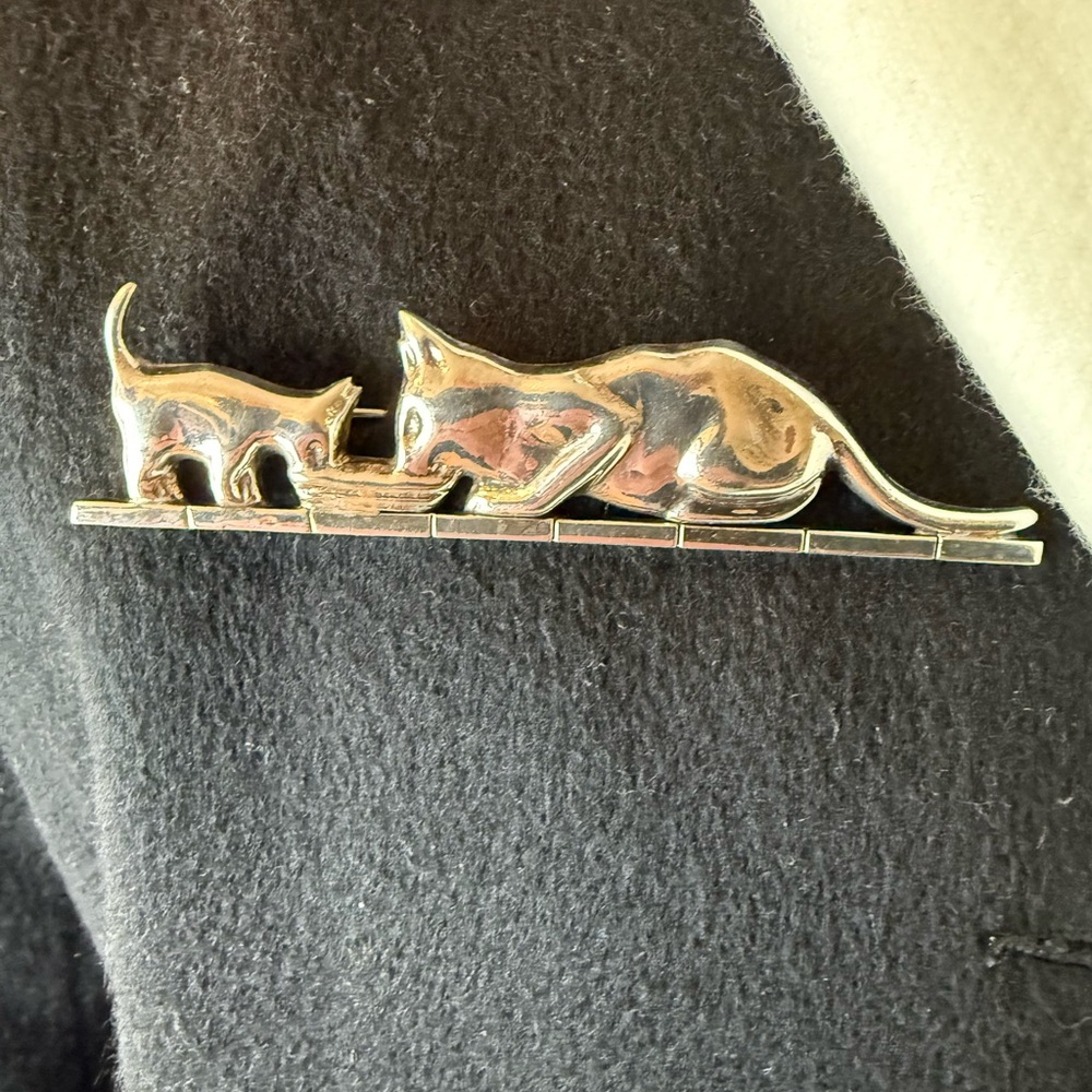 Vintage Sterling Silver Cat and Kitten Drinking from Bowl, Taxco 925